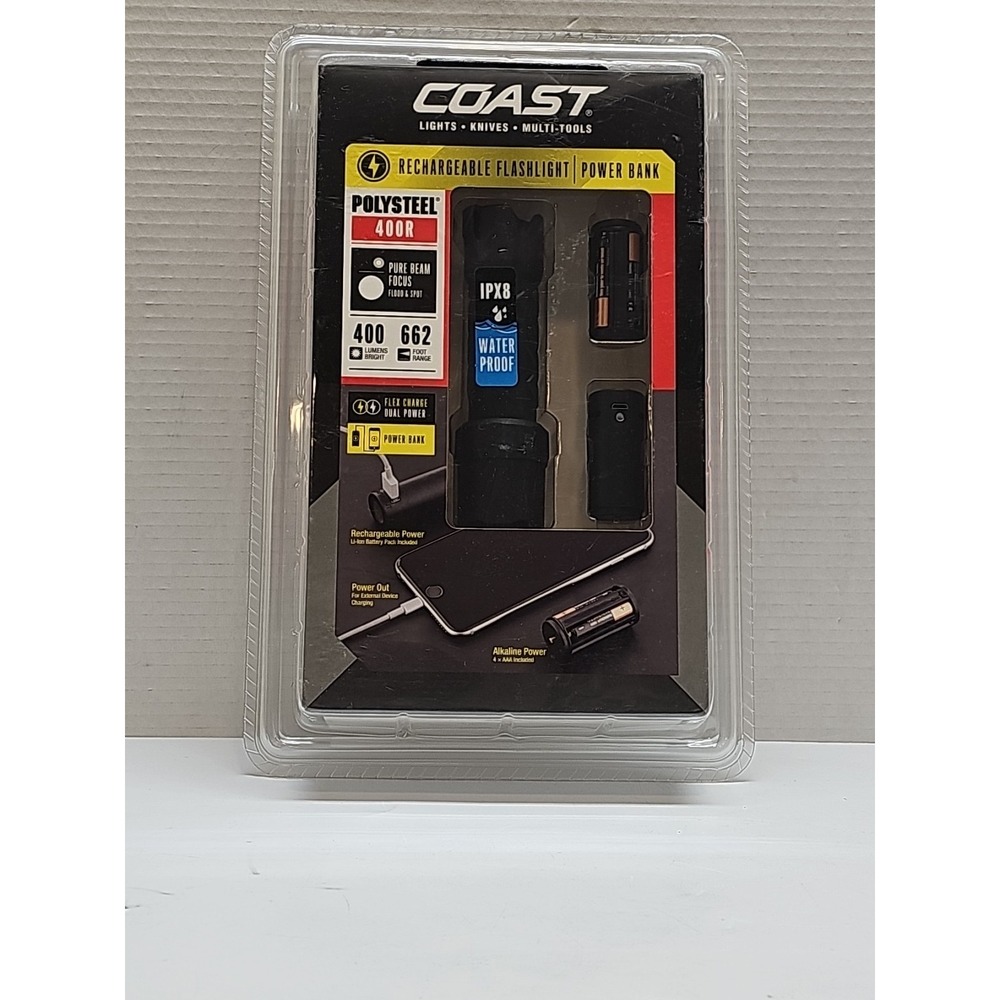 COAST Polysteel 400R Flood & Spot Rechargeable LED Flashlight & Power Bank NEW